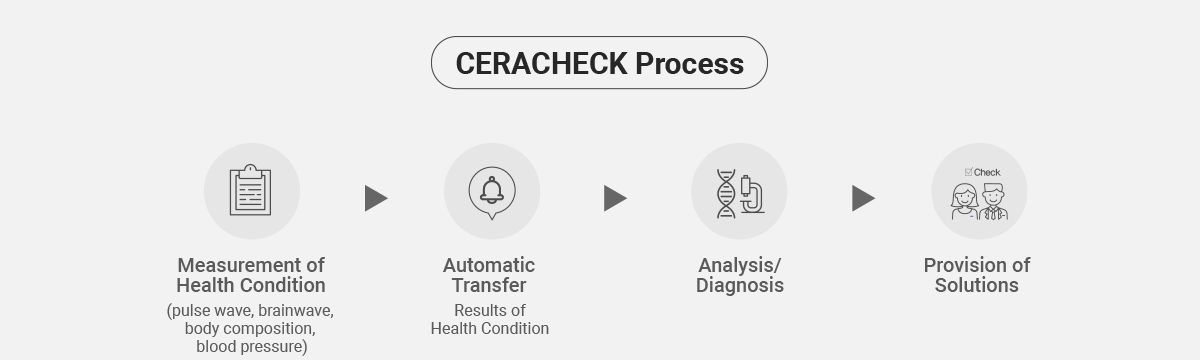 세라체크 프로세스, 건강 상태 측정(맥파,뇌파,체성분,혈압) > 자동전송 건강상태 결과 > 분석/진단 > 솔루션제공 